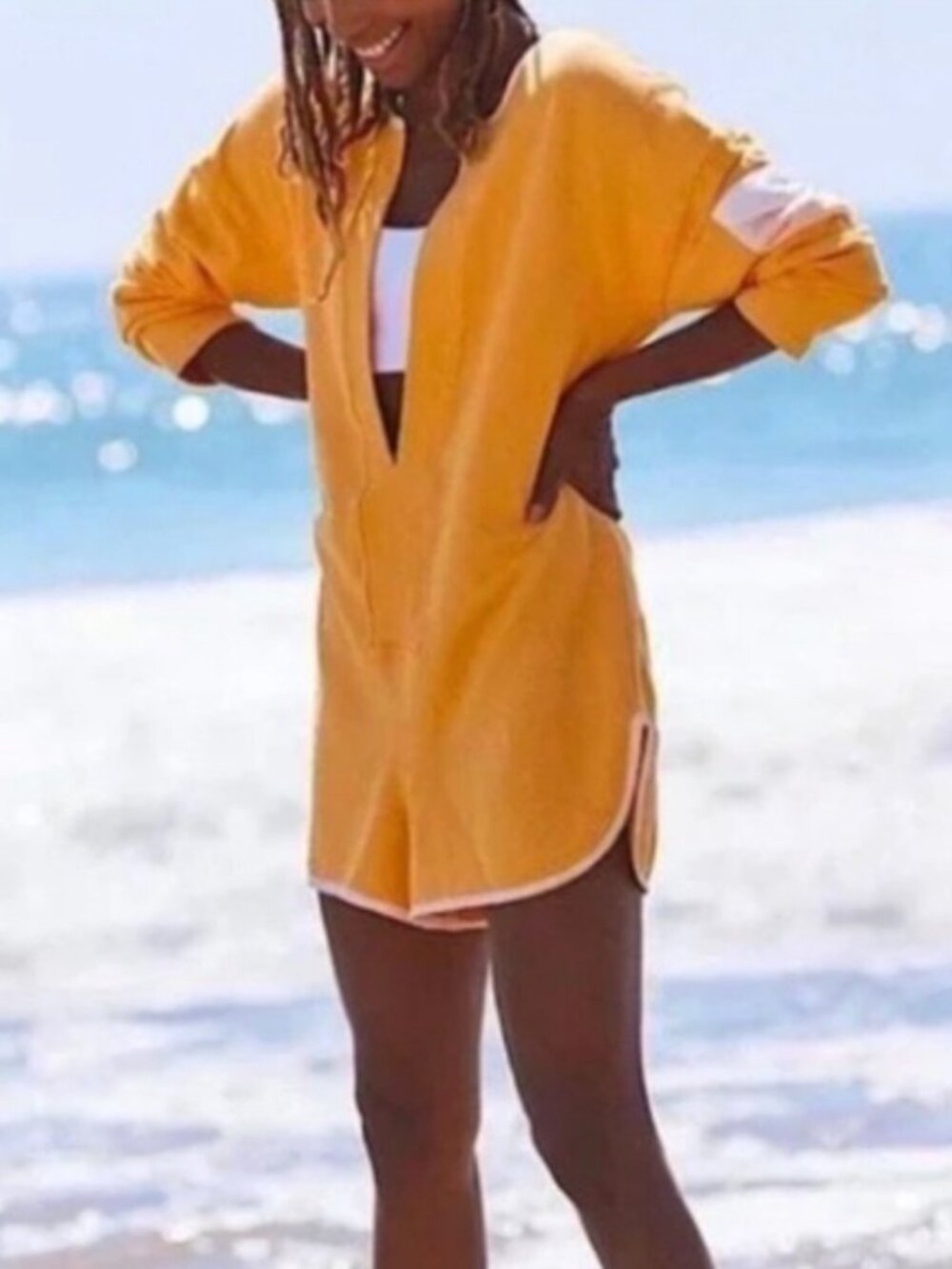 Rare FP Movement Free People Take The Plunge Shortsie Romper Mango Yellow XS - Picture 2 of 11